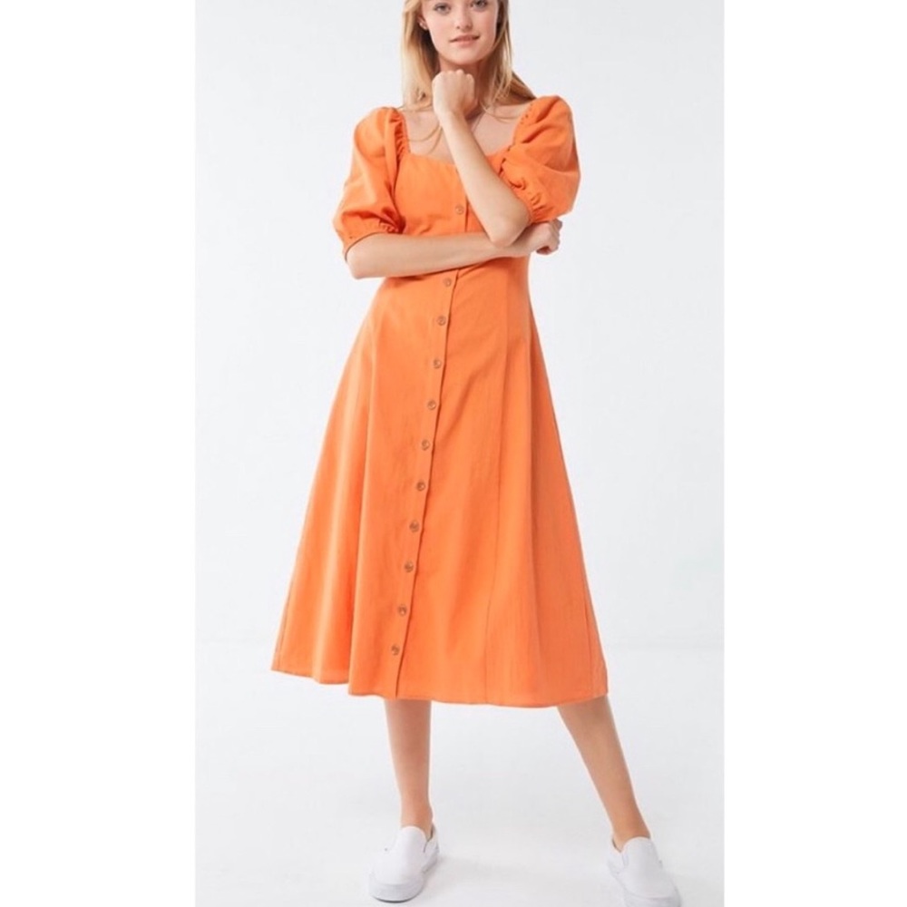 UO Maria Puff Sleeve Button-Front Midi Dress XS NEW